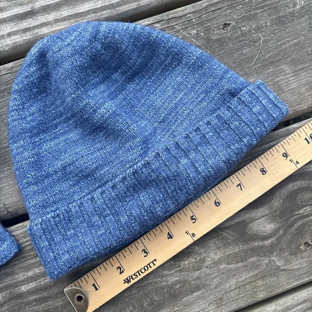 Swans Island hand dyed blue USA Silk Wool fingerless gloves Beanie Hat Cap Knit